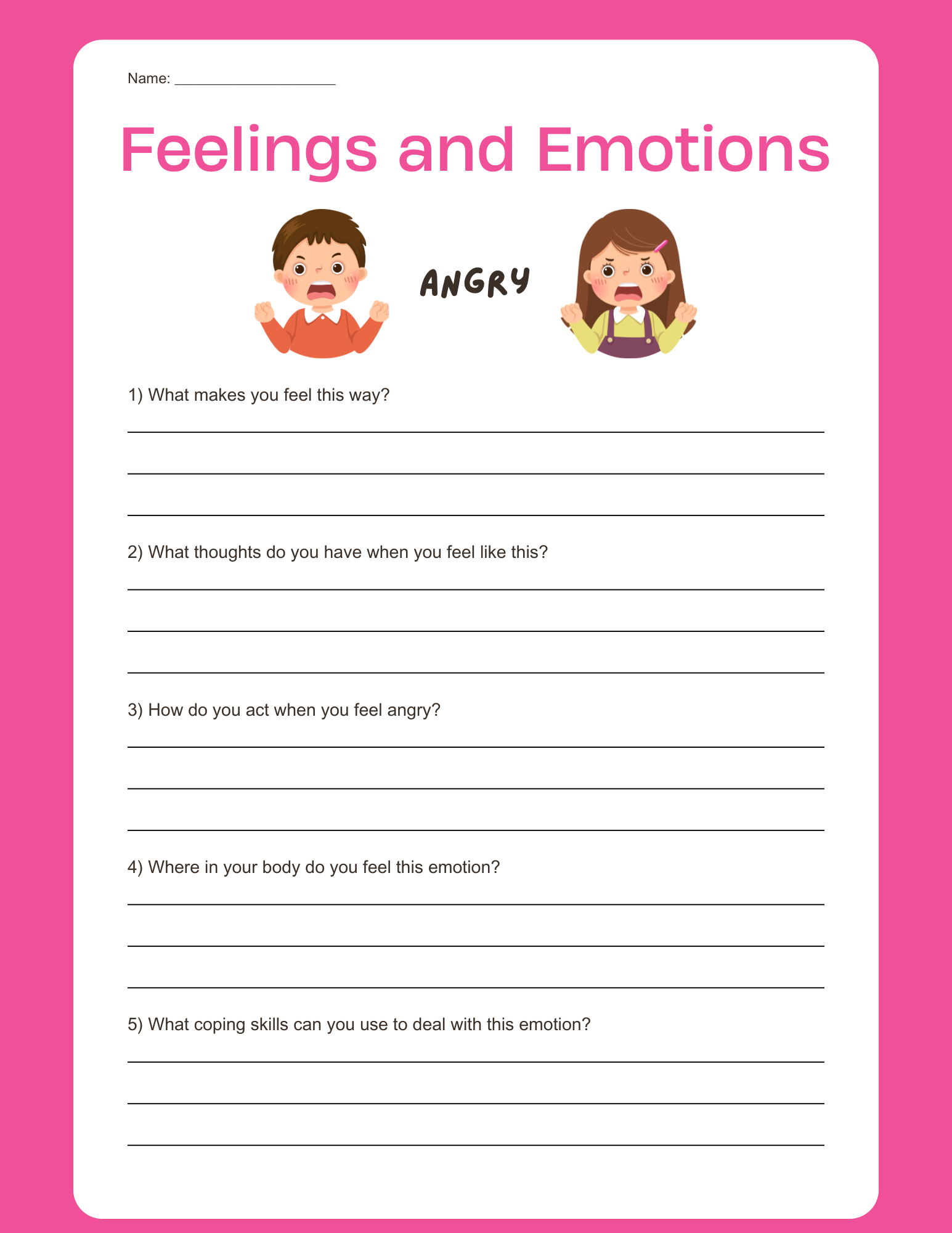Feelings and emotions social emotional learning worksheet in green orange and purple simple illustrative style